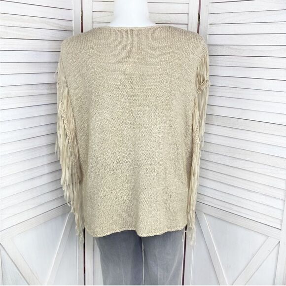 Chico’s Boho Western Tarrin Tape Yarn Fringe Poncho Sweater Taupe Tan Large XL - Picture 4 of 11